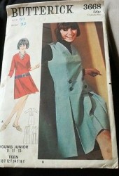 3668 BUTTERICK 60S LOW WAIST V NECK PLEAT DRESS, JUMPER PATTERN JR 11 31.5"B